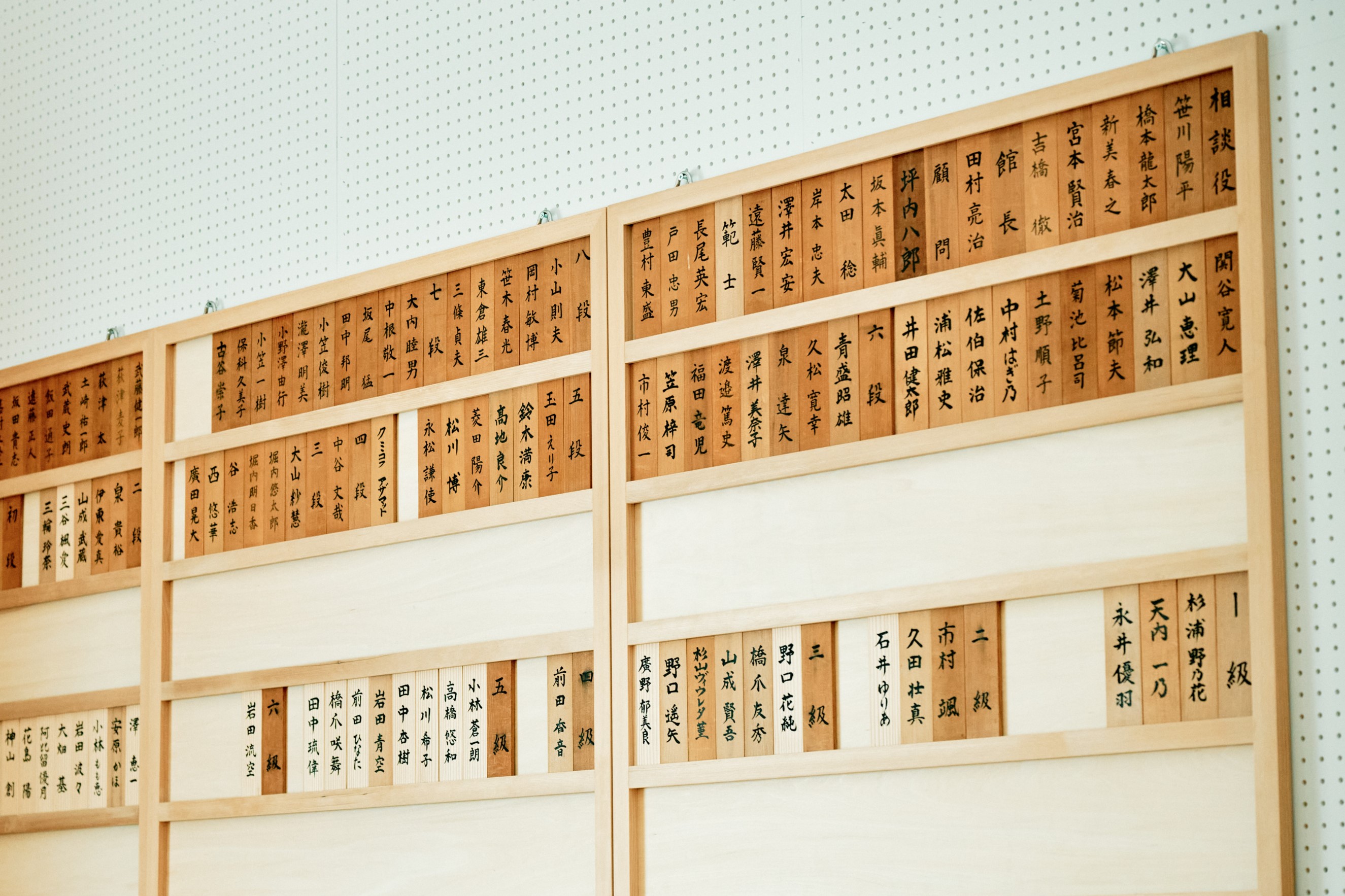 道場の壁に掛けられた木札。相談役の橋本龍太郎・元内閣総理大臣は、剣道教士で連盟の第四代会長